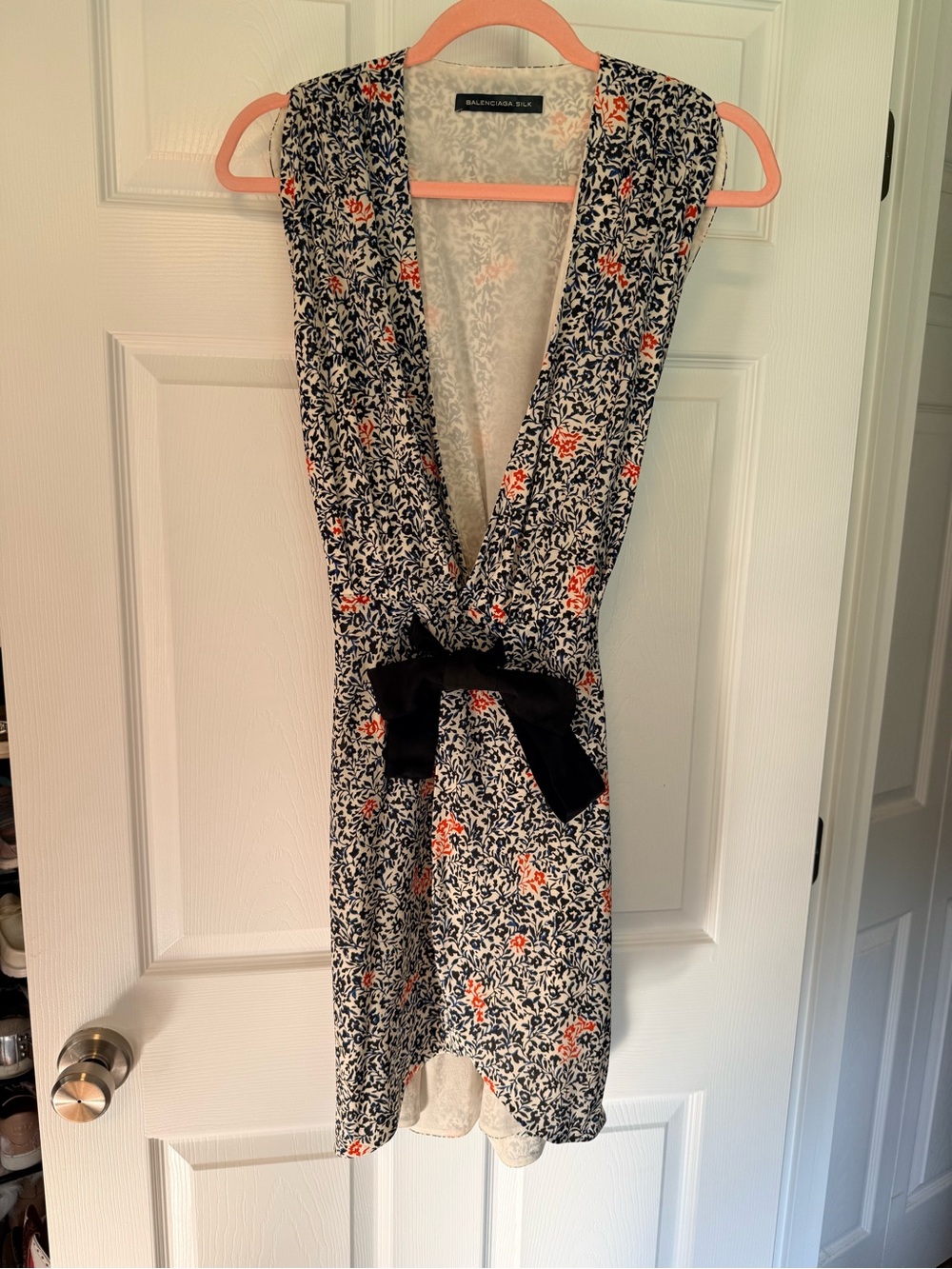 Balenciaga Navy and Coral Floral Asymmetrical Wrap Dress